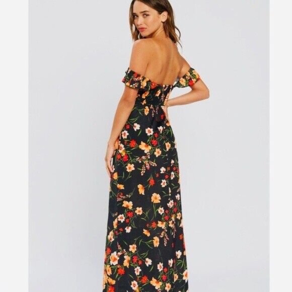 FLYNN SKYE Floral Maxi Dress Lost Poppy Poppies Off Shoulder Cut-Out ~ XS ~ EUC - Picture 7 of 12